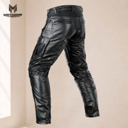 Men’s Black Genuine Cowhide Leather Motorcycle Cargo Riding Pants