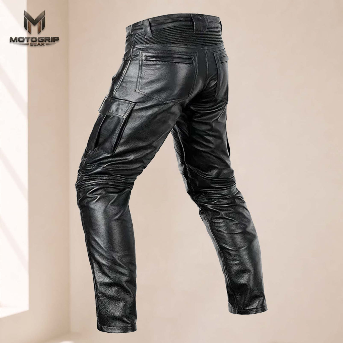 Men’s Black Genuine Cowhide Leather Motorcycle Cargo Riding Pants