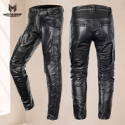 Men’s Black Genuine Cowhide Leather Motorcycle Cargo Riding Pants