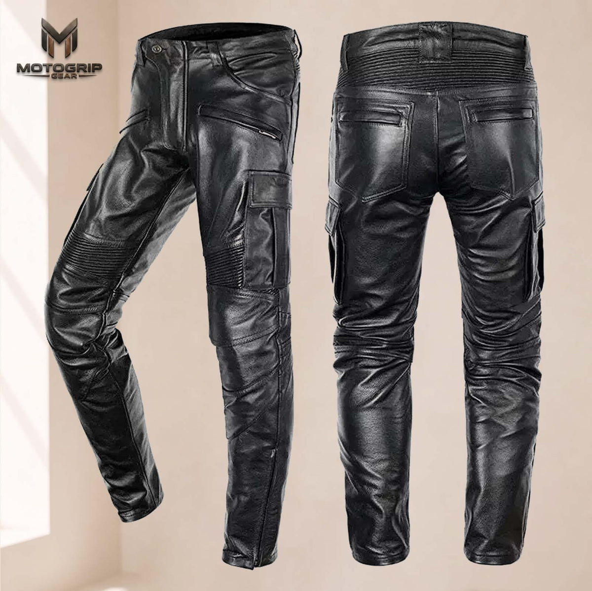 Men’s Black Genuine Cowhide Leather Motorcycle Cargo Riding Pants