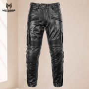 Men’s Black Genuine Cowhide Leather Motorcycle Cargo Riding Pants