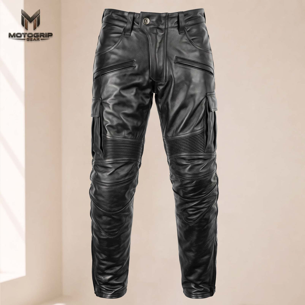 Men’s Black Genuine Cowhide Leather Motorcycle Cargo Riding Pants