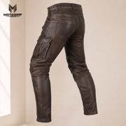 Men’s Distressed Brown Genuine Cowhide Leather Motorcycle Cargo Riding Pants