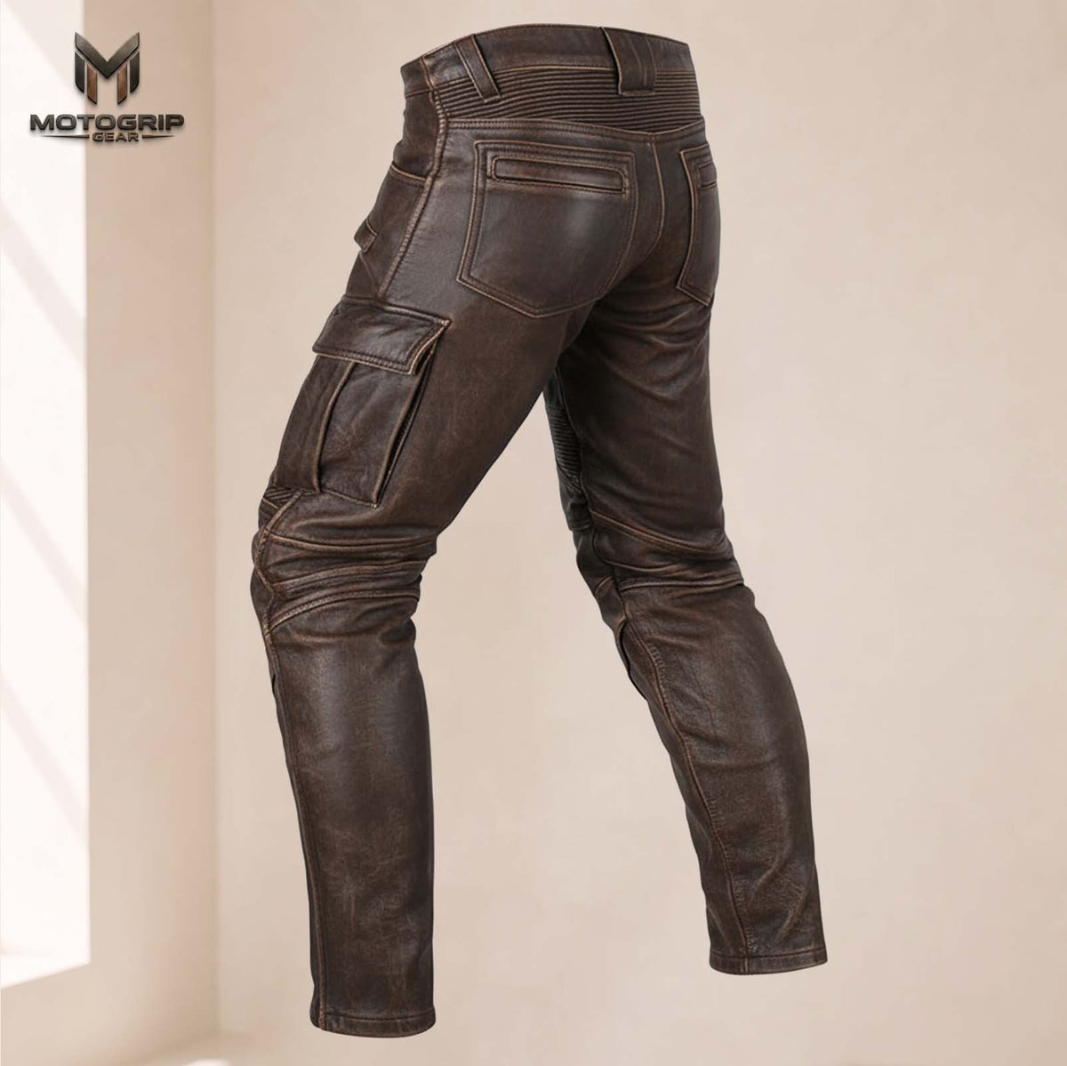 Men’s Distressed Brown Genuine Cowhide Leather Motorcycle Cargo Riding Pants