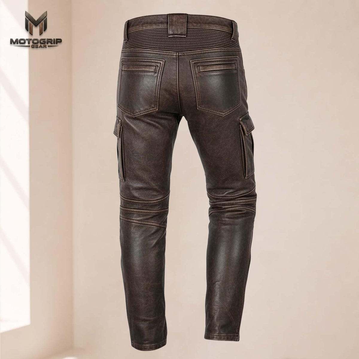 Men’s Distressed Brown Genuine Cowhide Leather Motorcycle Cargo Riding Pants