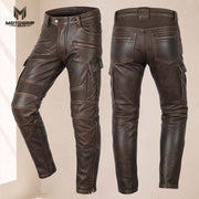 Men’s Distressed Brown Genuine Cowhide Leather Motorcycle Cargo Riding Pants