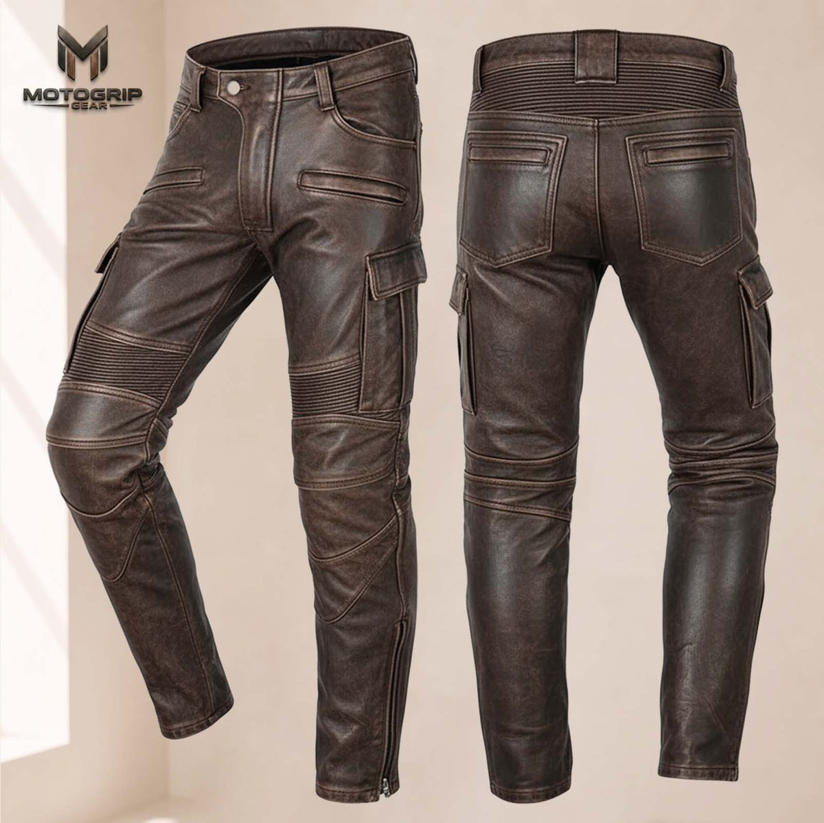 Men’s Distressed Brown Genuine Cowhide Leather Motorcycle Cargo Riding Pants