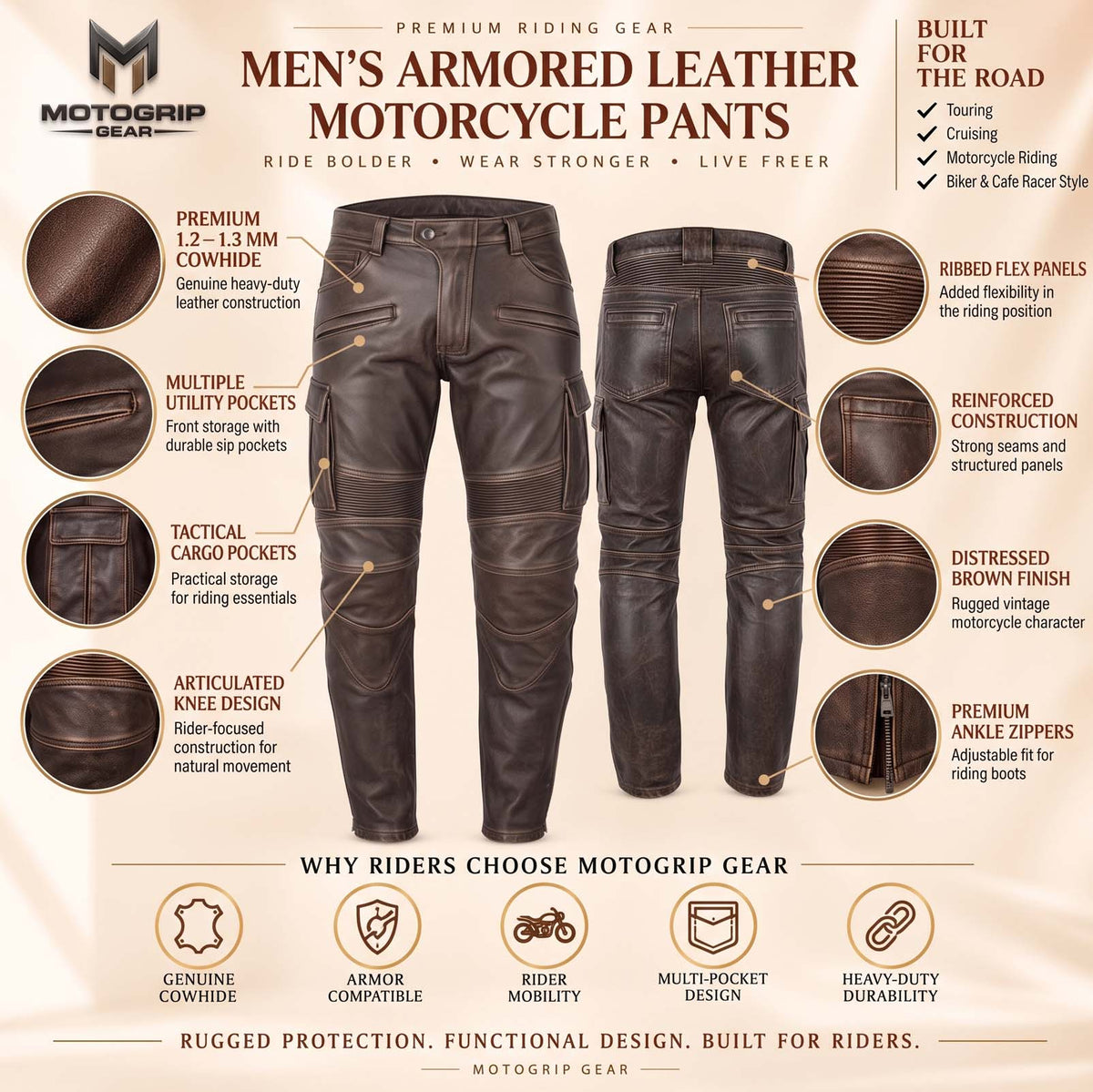 Men’s Distressed Brown Genuine Cowhide Leather Motorcycle Cargo Riding Pants