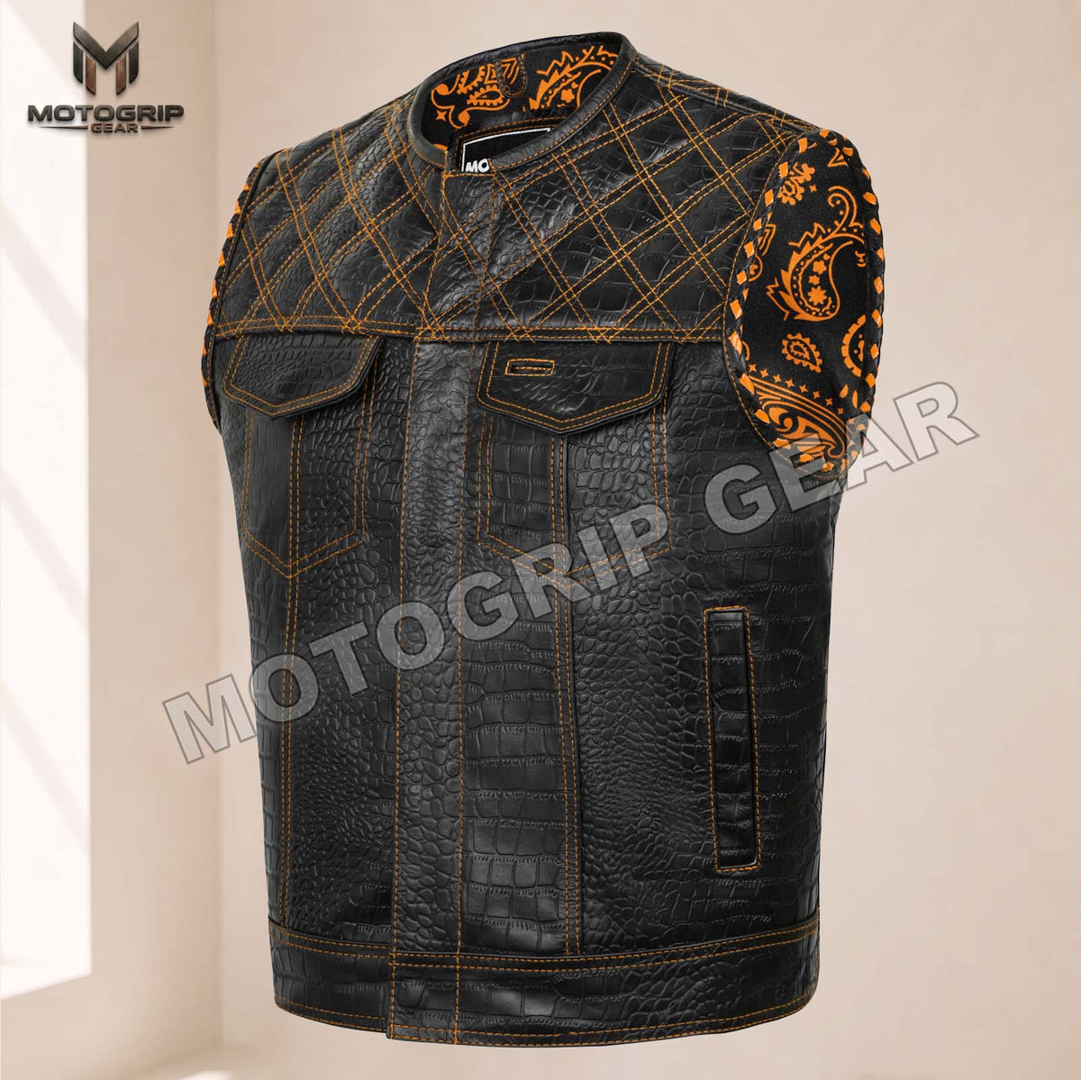Men’s Crocodile Embossed Cowhide Leather Motorcycle Vest – Contrast Stitch Biker Club Vest
