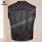 Men’s Crocodile Embossed Cowhide Leather Motorcycle Vest – Contrast Stitch Biker Club Vest
