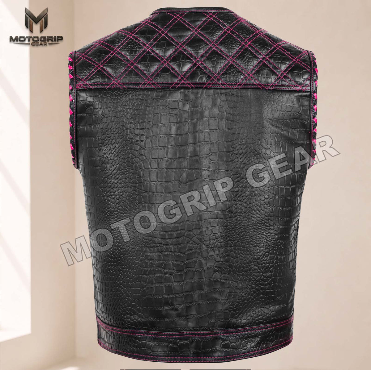 Men’s Crocodile Embossed Cowhide Leather Motorcycle Vest – Contrast Stitch Biker Club Vest