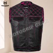 Men’s Crocodile Embossed Cowhide Leather Motorcycle Vest – Contrast Stitch Biker Club Vest