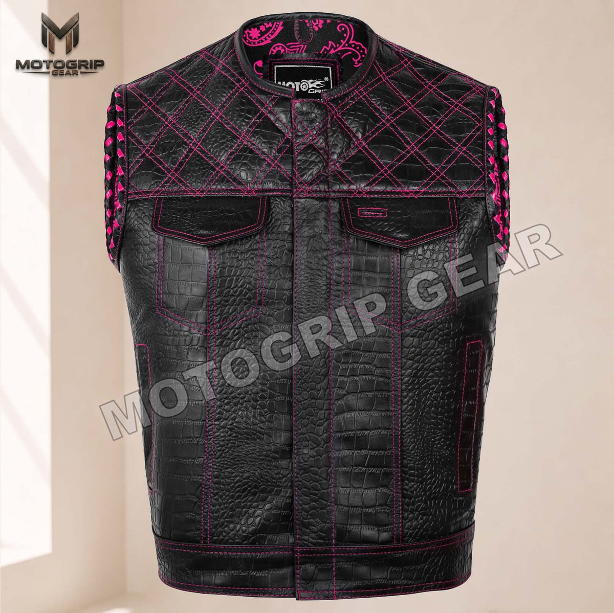 Men’s Crocodile Embossed Cowhide Leather Motorcycle Vest – Contrast Stitch Biker Club Vest