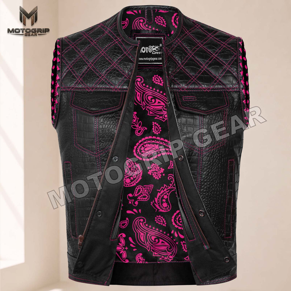 Men’s Crocodile Embossed Cowhide Leather Motorcycle Vest – Contrast Stitch Biker Club Vest