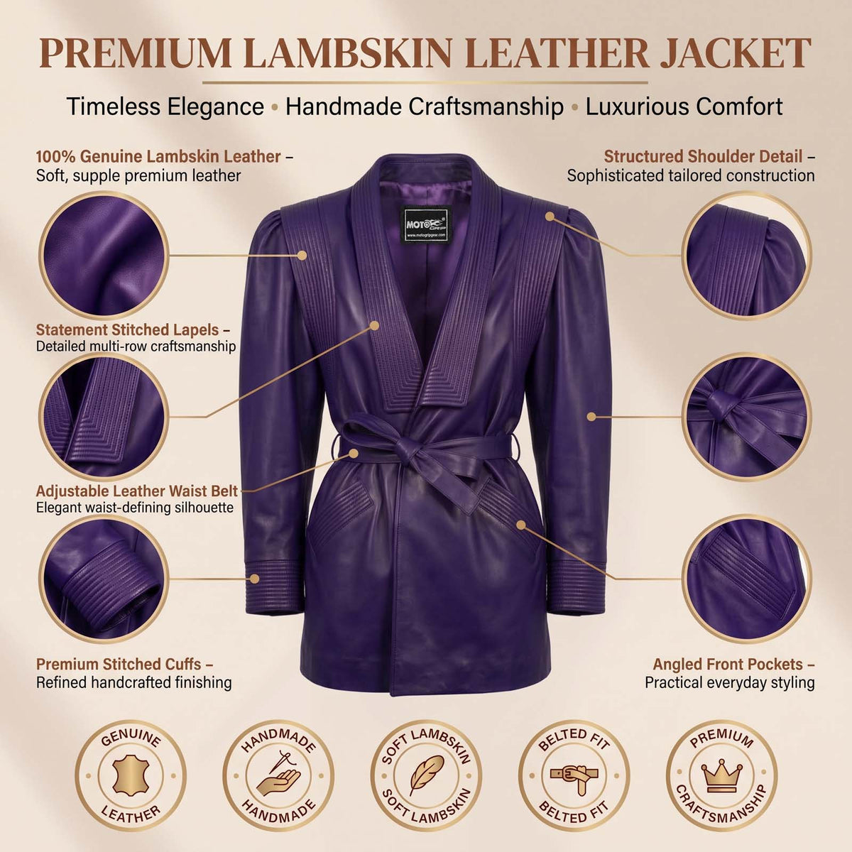 Women’s Luxury Designer Lambskin Leather Belted Jacket – Cognac Brown Statement Blazer