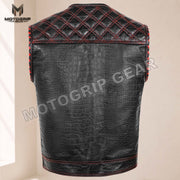 Men’s Crocodile Embossed Cowhide Leather Motorcycle Vest – Contrast Stitch Biker Club Vest