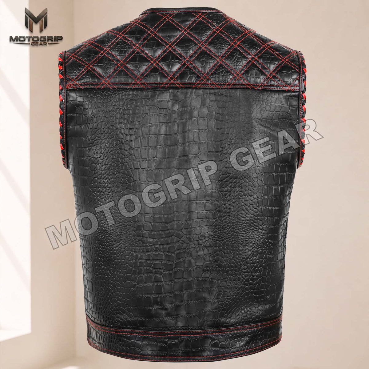 Men’s Crocodile Embossed Cowhide Leather Motorcycle Vest – Contrast Stitch Biker Club Vest