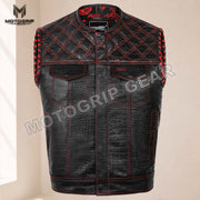Men’s Crocodile Embossed Cowhide Leather Motorcycle Vest – Contrast Stitch Biker Club Vest