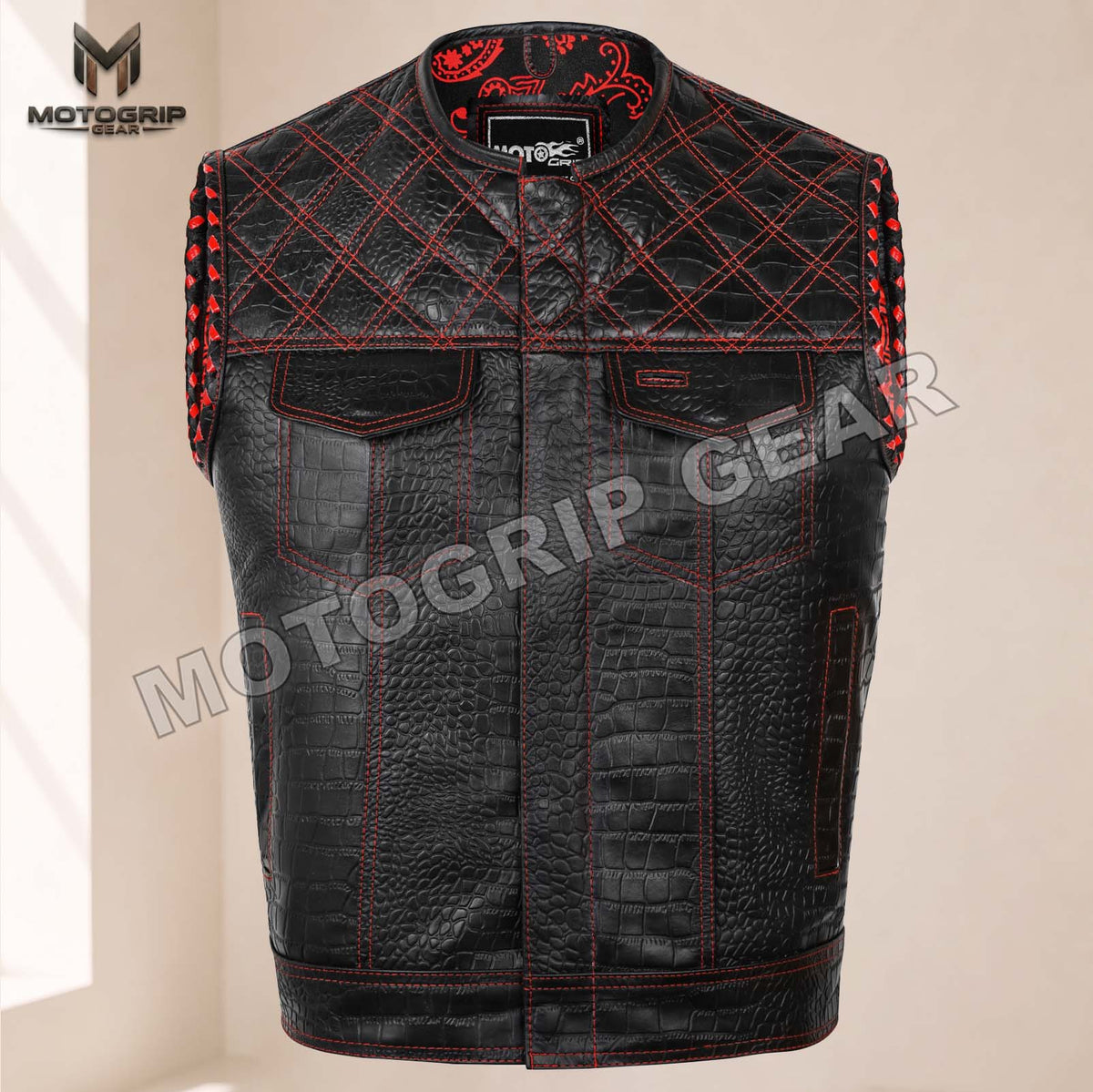 Men’s Crocodile Embossed Cowhide Leather Motorcycle Vest – Contrast Stitch Biker Club Vest