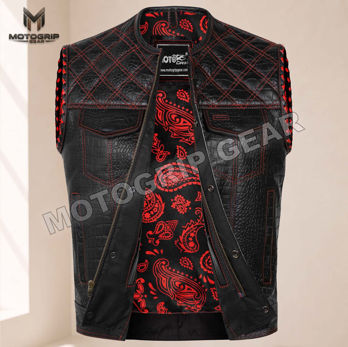 Men’s Crocodile Embossed Cowhide Leather Motorcycle Vest – Contrast Stitch Biker Club Vest