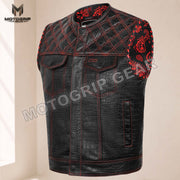 Men’s Crocodile Embossed Cowhide Leather Motorcycle Vest – Contrast Stitch Biker Club Vest
