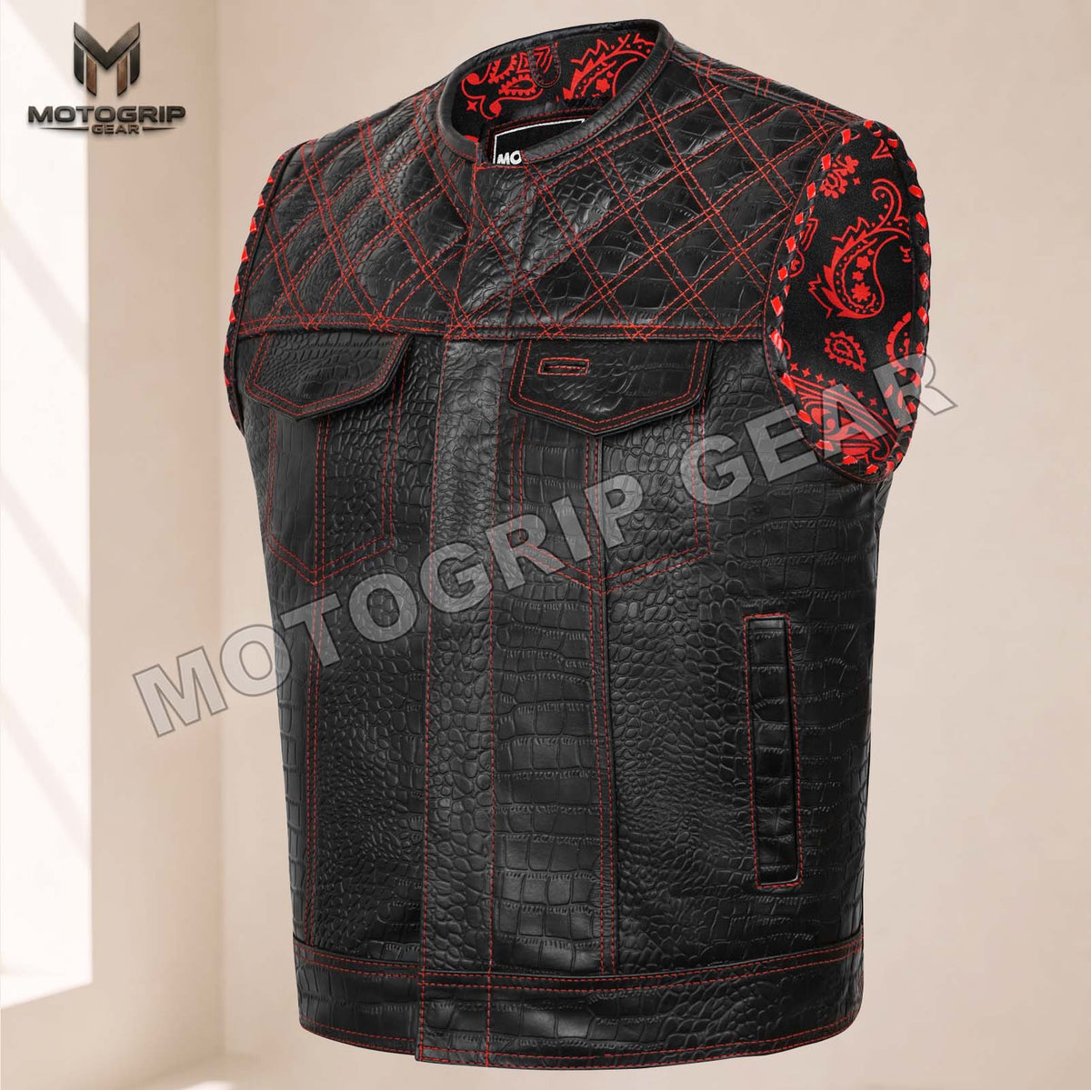 Men’s Crocodile Embossed Cowhide Leather Motorcycle Vest – Contrast Stitch Biker Club Vest