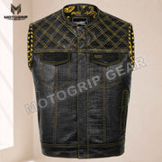 Men’s Crocodile Embossed Cowhide Leather Motorcycle Vest – Contrast Stitch Biker Club Vest