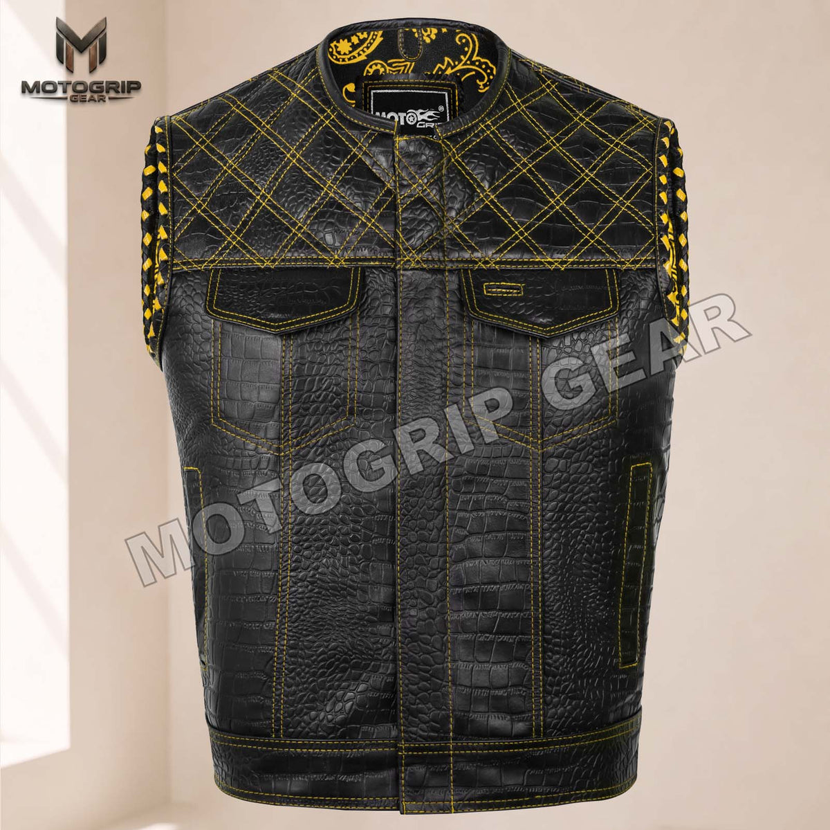 Men’s Crocodile Embossed Cowhide Leather Motorcycle Vest – Contrast Stitch Biker Club Vest