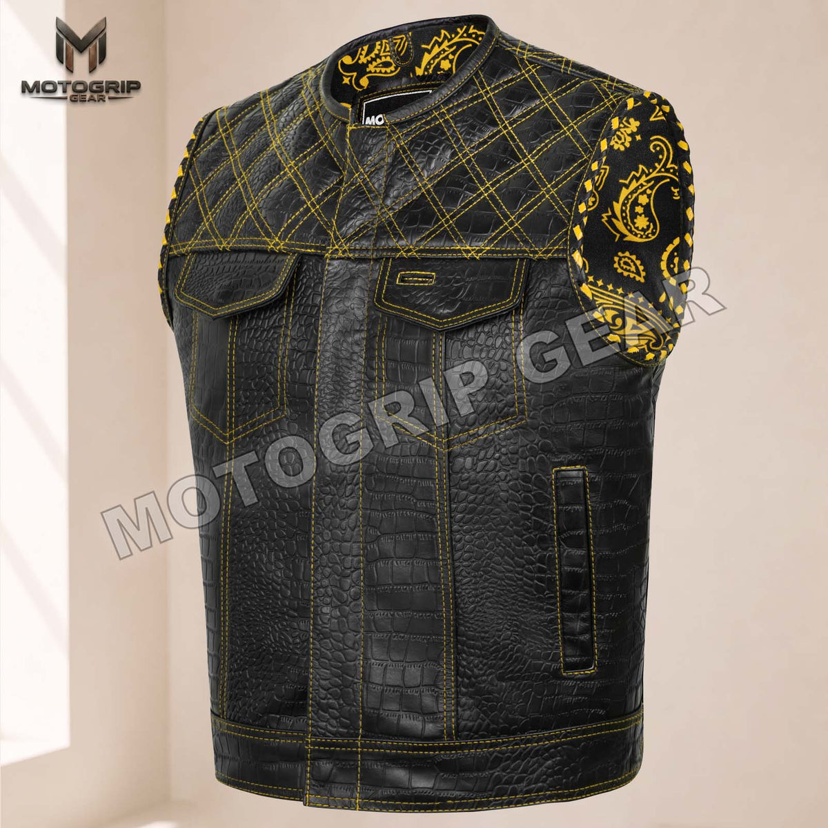 Men’s Crocodile Embossed Cowhide Leather Motorcycle Vest – Contrast Stitch Biker Club Vest