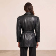 Women’s Luxury Designer Lambskin Leather Belted Jacket – Cognac Brown Statement Blazer