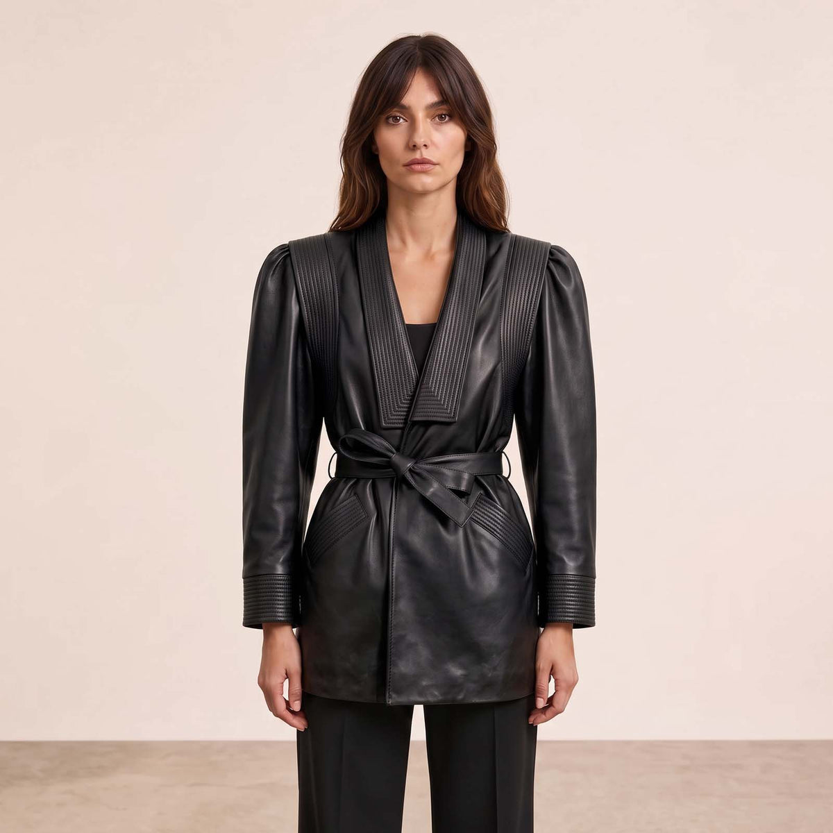 Women’s Luxury Designer Lambskin Leather Belted Jacket – Cognac Brown Statement Blazer