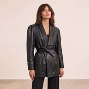 Women’s Luxury Designer Lambskin Leather Belted Jacket – Cognac Brown Statement Blazer
