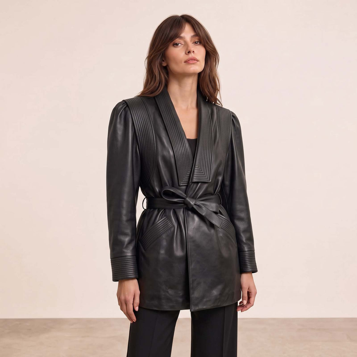 Women’s Luxury Designer Lambskin Leather Belted Jacket – Cognac Brown Statement Blazer