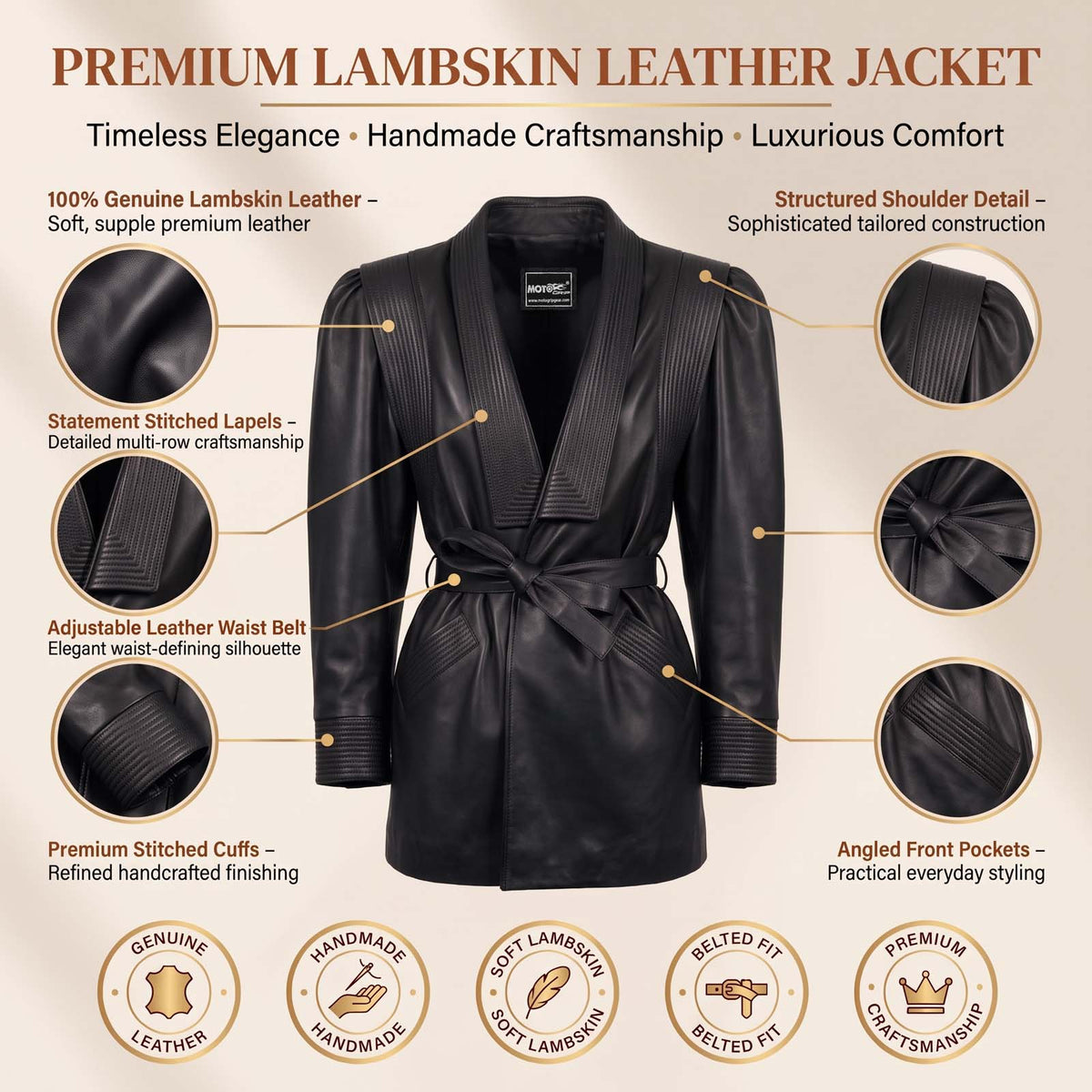 Women’s Luxury Designer Lambskin Leather Belted Jacket – Cognac Brown Statement Blazer