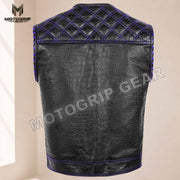 Men’s Crocodile Embossed Cowhide Leather Motorcycle Vest – Contrast Stitch Biker Club Vest