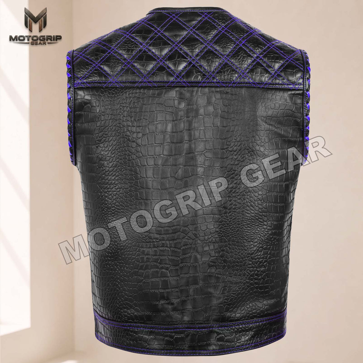 Men’s Crocodile Embossed Cowhide Leather Motorcycle Vest – Contrast Stitch Biker Club Vest