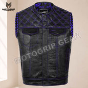 Men’s Crocodile Embossed Cowhide Leather Motorcycle Vest – Contrast Stitch Biker Club Vest
