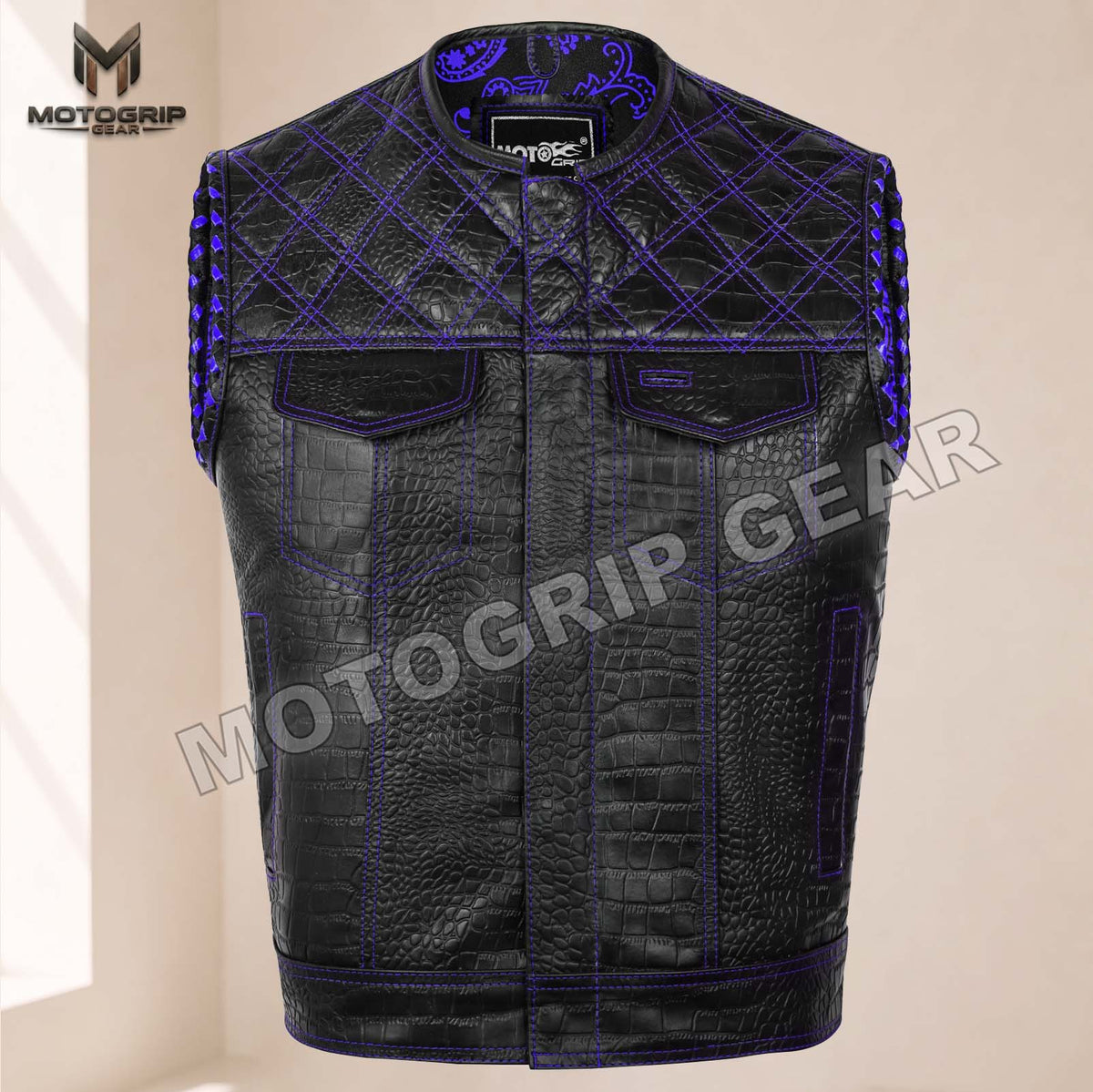 Men’s Crocodile Embossed Cowhide Leather Motorcycle Vest – Contrast Stitch Biker Club Vest