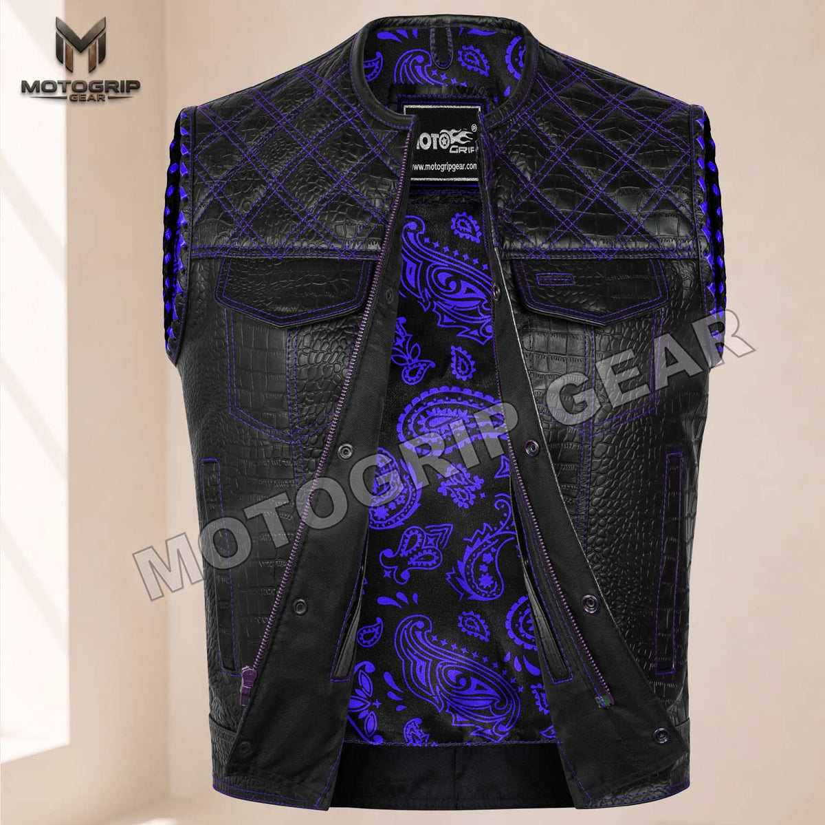 Men’s Crocodile Embossed Cowhide Leather Motorcycle Vest – Contrast Stitch Biker Club Vest