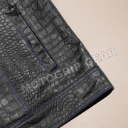 Men’s Crocodile Embossed Cowhide Leather Motorcycle Vest – Contrast Stitch Biker Club Vest