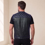 Men’s Crocodile Embossed Cowhide Leather Motorcycle Vest – Contrast Stitch Biker Club Vest