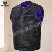 Men’s Crocodile Embossed Cowhide Leather Motorcycle Vest – Contrast Stitch Biker Club Vest