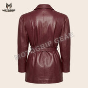 Women’s Luxury Designer Lambskin Leather Belted Jacket – Cognac Brown Statement Blazer