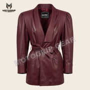 Women’s Luxury Designer Lambskin Leather Belted Jacket – Cognac Brown Statement Blazer