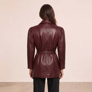 Women’s Luxury Designer Lambskin Leather Belted Jacket – Cognac Brown Statement Blazer
