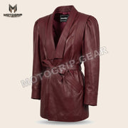 Women’s Luxury Designer Lambskin Leather Belted Jacket – Cognac Brown Statement Blazer