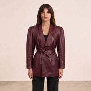 Women’s Luxury Designer Lambskin Leather Belted Jacket – Cognac Brown Statement Blazer