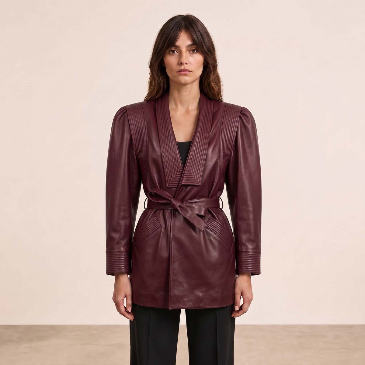 Women’s Luxury Designer Lambskin Leather Belted Jacket – Cognac Brown Statement Blazer