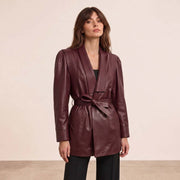 Women’s Luxury Designer Lambskin Leather Belted Jacket – Cognac Brown Statement Blazer