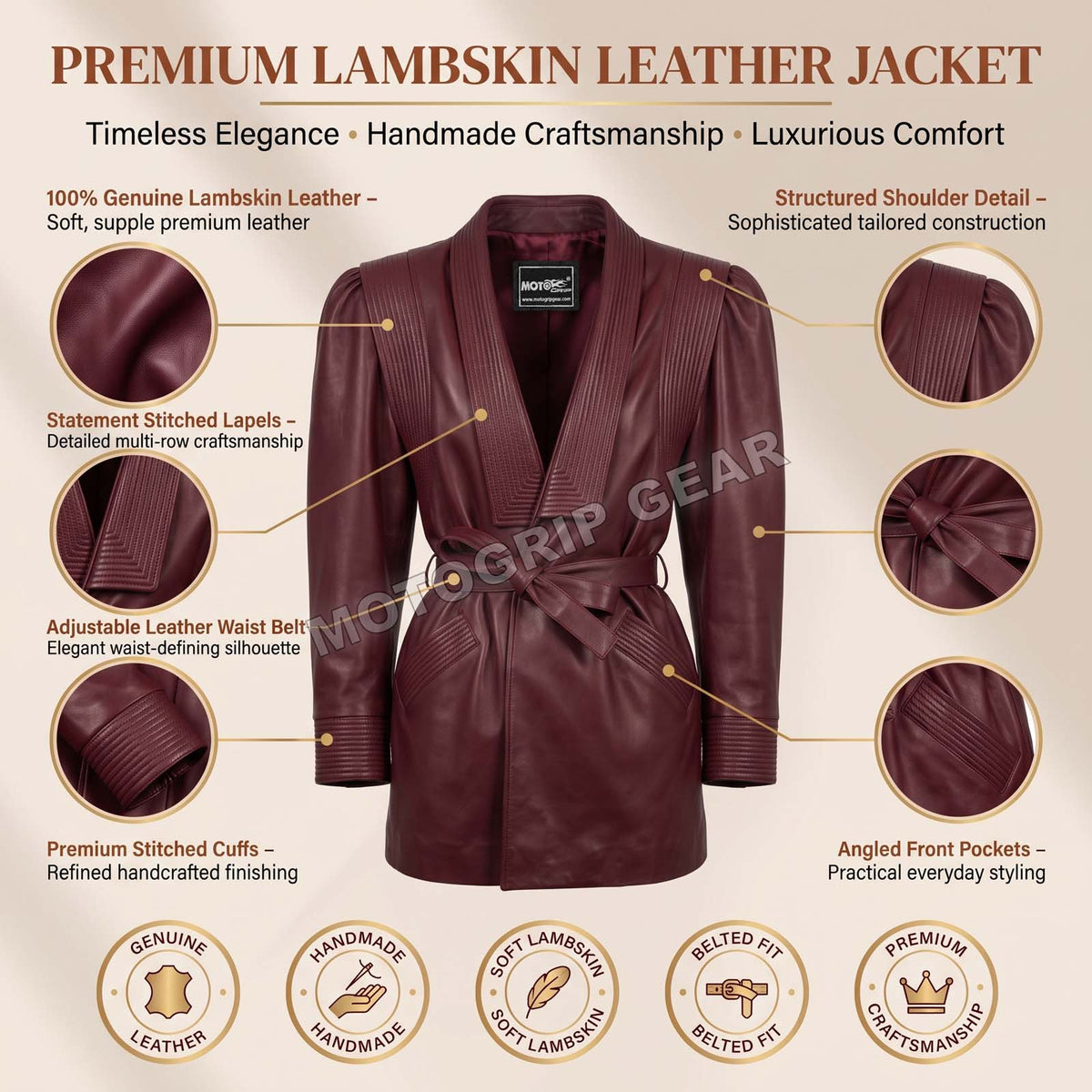 Women’s Luxury Designer Lambskin Leather Belted Jacket – Cognac Brown Statement Blazer